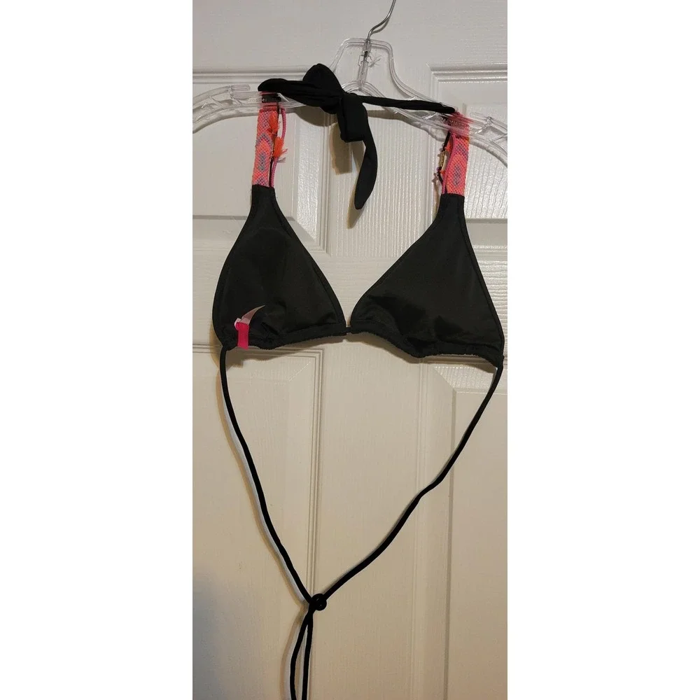 Victorias Secret Black Triangle Bikini Top Woven Boho‎ Tassel Straps Large - Picture 4 of 5